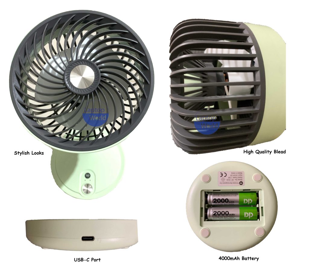 DP-7639 4000mAh Rechargeable Fan. Three speed modes, Up-down adjustable desk fan.