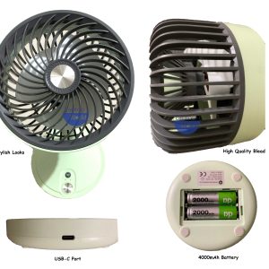 DP-7639 4000mAh Rechargeable Fan. Three speed modes, Up-down adjustable desk fan.